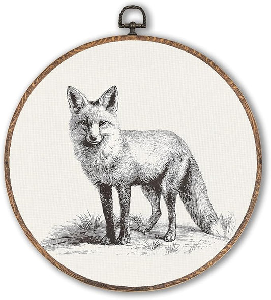 Vintage Fox Round Wall Art Framed, Cottagecore Round Wall Decor, Retro Animal Farmhouse Hanging Canvas Prints Wall Sculptures for Home Nursery Bedroom Decor, 10x10 Inch