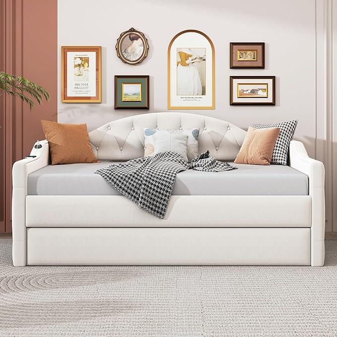 Bellemave Twin Size daybed Frame with Trundle for Adults, Kids, Girls, Teens, Tufted daybeds with Trundle for Living Room, Velvet, (Mattress not Included), Beige