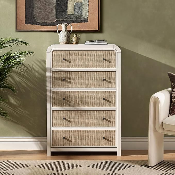 Oak&Sparrow 5 Drawer Tall Dresser for Bedroom, 47'' Rattan Dresser with Ample Storage, Boho Chest of Drawers, Thickened Curved Profile Design, Oak Dressers for Bedroom, Living Room