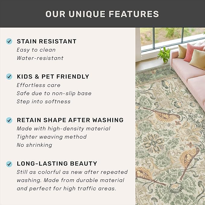 Large Entryway Rugs Indoor - Sage Green 3x4 Washable Rugs for Kitchen Bedroom Beside Bed Door Mat Indoor Entrance with Beige Woodland Flowers, Non Slip Stain Resistant Low Pile