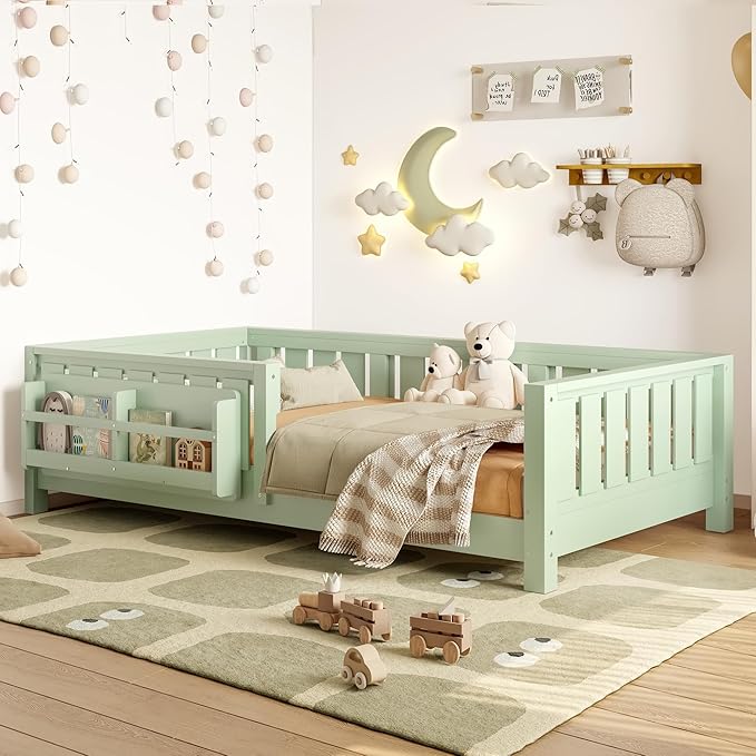 Bellemave Twin Floor Bed with Slats and Safety Guardrail, Twin Size Montessori Floor Bed with Fence and Built-in Bookshelf, Easy Assemble Montessori Beds for Kids, Girls, Boys, Green