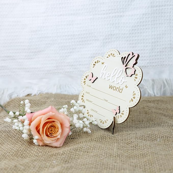 Baby Announcement Sign Butterfly, 6.5 Inch Wooden Hello World Newborn Welcome Sign Birth Baby Name Plaques for Photo Props Baby Shower Hospital Nursery BABY3
