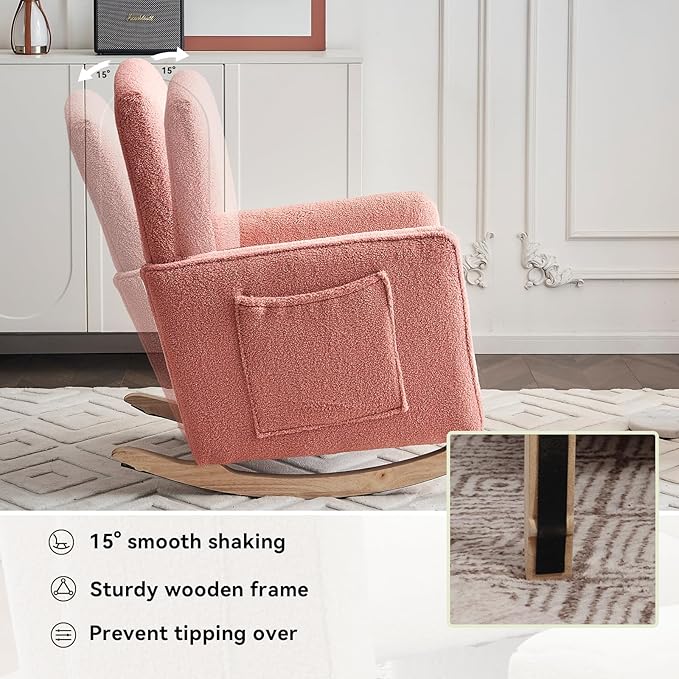 FOXHUNTER Rocking Chair Nursery with Adjustable Footrest and High Backrest, Upholstered Glider Chairs with Side Pockets for Nursery, Rocker Armchair Indoor for Living Room,Pink