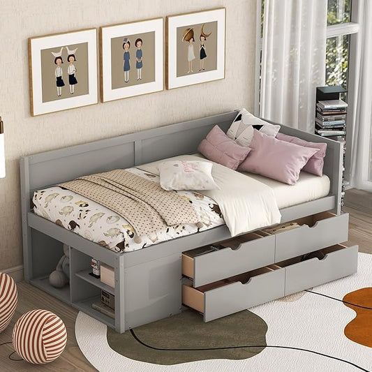 Twin Size Daybed with 4 Storage Drawers and Shelves, Wooden Twin Platform Bed Frame with L-Shaped Headboard and Slats Support, Corner Bed Twin Captain Beds for Kids Boys Girls Teens, Gray