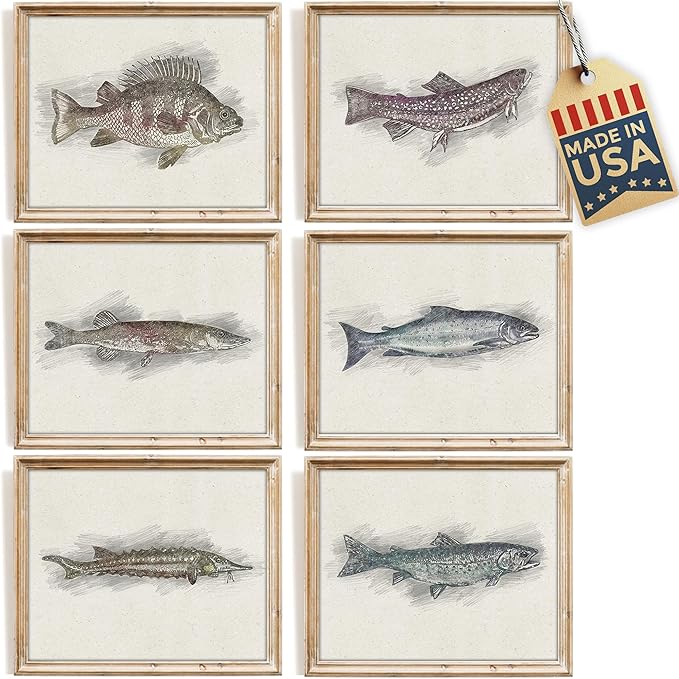 DREAM BIG PRINTABLES Fishing Decor Sketches Wall Art Prints (Set of 6) - 11x14s | Great Gift for Fishermen
