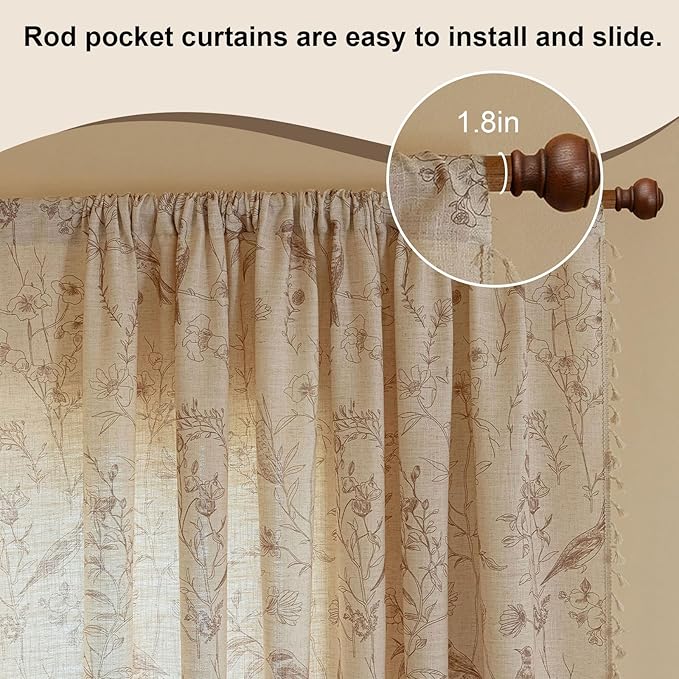 OYX Boho Curtains, Floral Curtains Beige with Garden Birds, Farmhouse Birds Drapes 84 Inches Length Semi Blackout, Rod Pocket Vintage French Country Window Curtain Set 2 Panels for Kitchen, Bedrooms