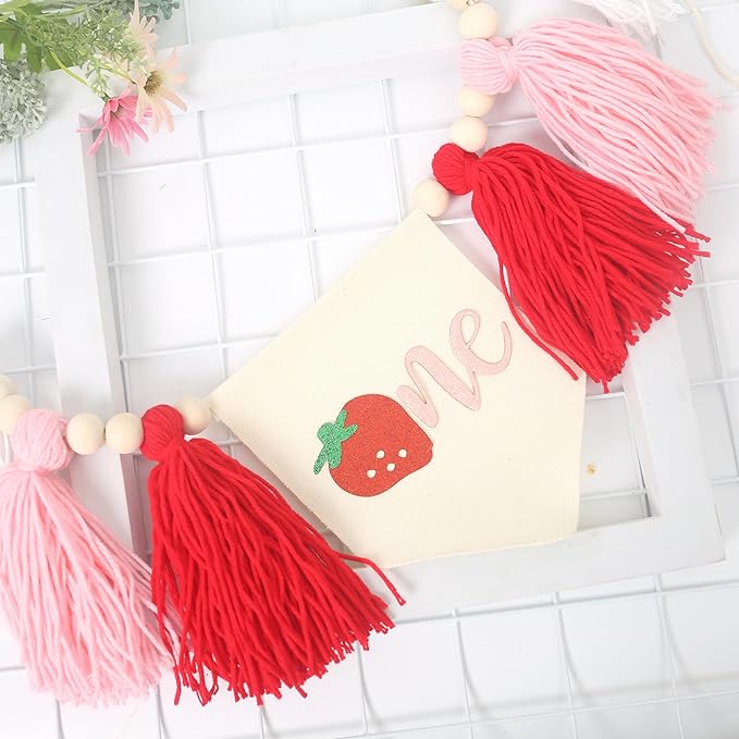 Strawberry 1st Birthday Decor - Sweet One Tassels Highchair Banner - Berry Tassels High Chair Banner For Kids Party - Baby Girl Berry Birthday Decoration - Strawberry High Chair Banner For Photo Booth Props