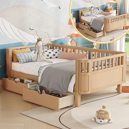 Twin Bed Frame with Rails for Kids, Wood Montessori Bed Twin with 2 Storage Drawers &Slats Support, Modern Daybed with Removable Bed Rails for Girls Boys Bedroom Living Room, Natural