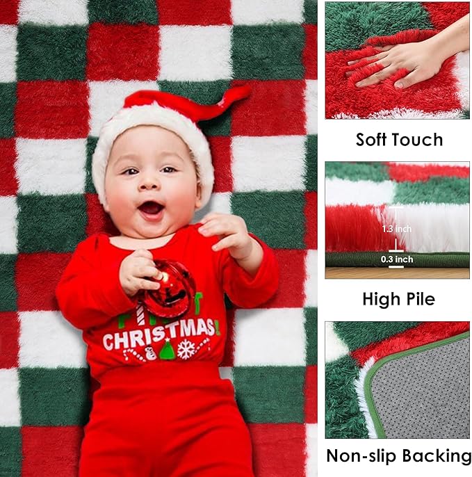 KICMOR Christmas Area Rug for Bedroom Living Room, 4x6 Fluffy Soft Red Green White Checkered Shag Rug Fuzzy Shaggy Bedside Carpet, Indoor Plush Floor Rugs for Kids Boys Girls Room Holiday Home Decor