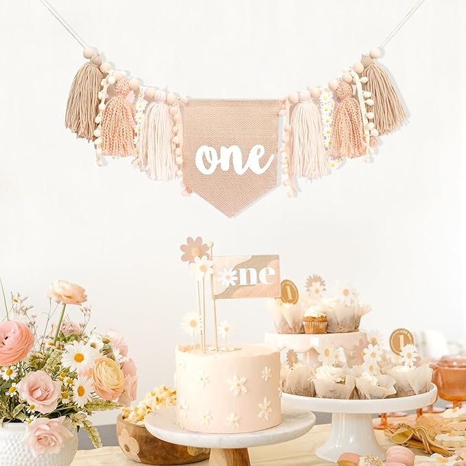 Yarn Tassel One High Chair Banner -Daisy Baby First Birthday Decorations,Cake Smash Shabby Chic Banner Photo Props,Vintage 1st Birthday Highchair Bunting,Holiday Home Wall Hanging Decorations.
