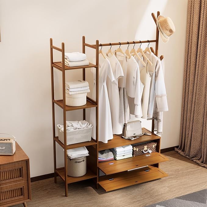 Garment Rack with Drawers,Cute Clothing Rack,Bamboo Clothes Rack,Clothes Rack Hanging,Solid Thickened Clothes Racks with Shelves (39.4inch Width Tawny)