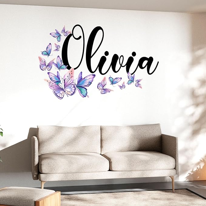 Custom Name Butterfly Decor for Girls Bedroom Personalized Name Butterfly Decorations Large Vinyl Wall Decal for Home & Room Décor, Peel & Stick Wall Art for Kids & Teens Bedroom, Car, Vehicles