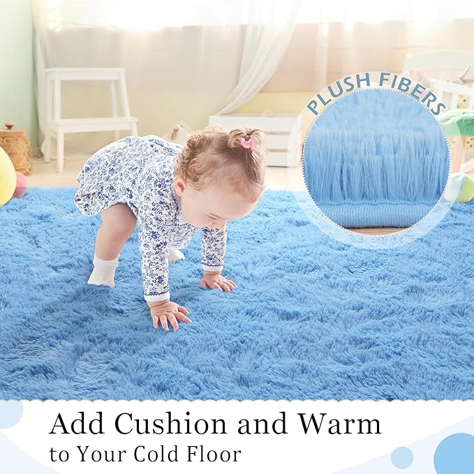 BENRON Light Blue Fluffy Rugs for Living Room Bedroom 4x6, Soft Plush Fuzzy Shaggy Rugs for Kids Girls Boys Room Decor, Washable Indoor Floor Carpets