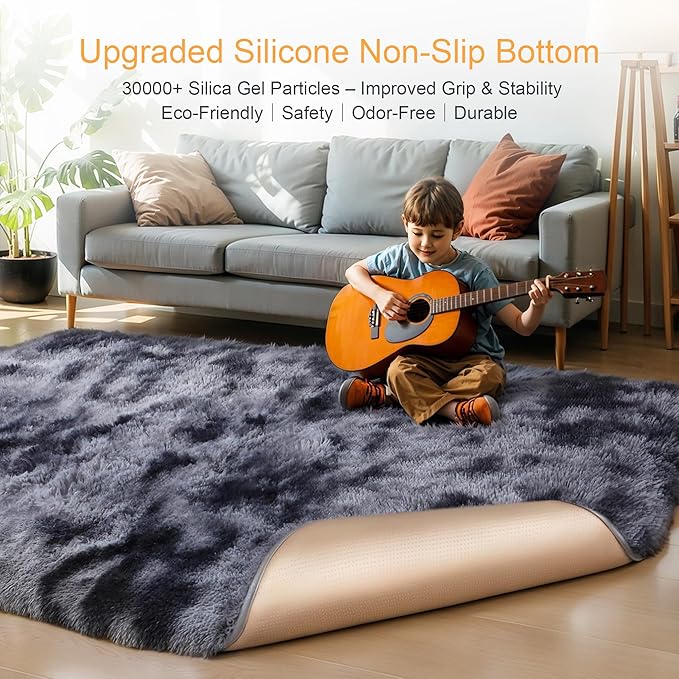 Thick Area Rug 5x7 Dark Grey Fluffy Shag for Bedroom, Extra Soft Plush Fuzzy Washable Thickened Non-Slip Carpet, Modern Furry Shaggy Rug for Living Room Kids Nursery Dorm Room, Tie-Dye Gray