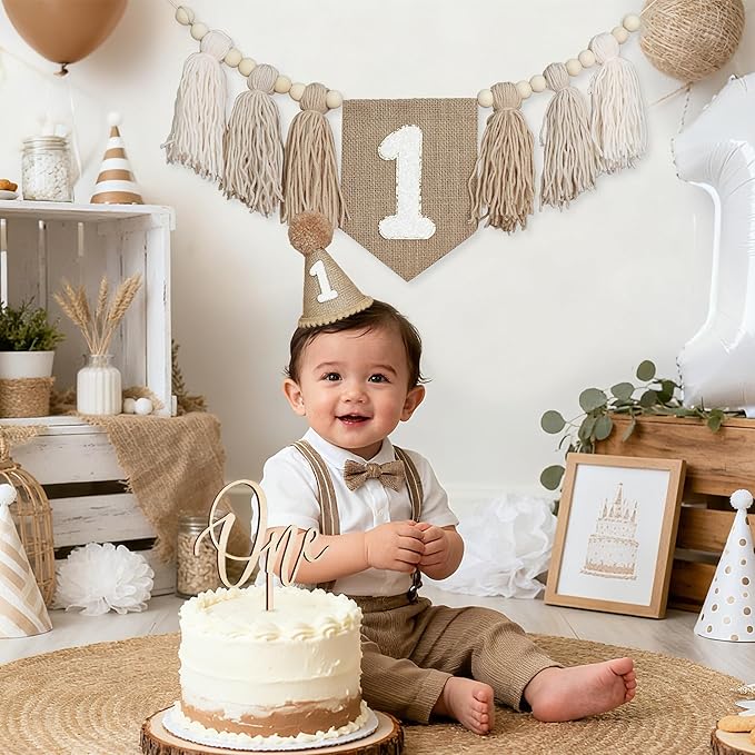 1st Birthday Decorations Boys High Chair Banner With One Cake Topper Brown Conical Hat For First Party