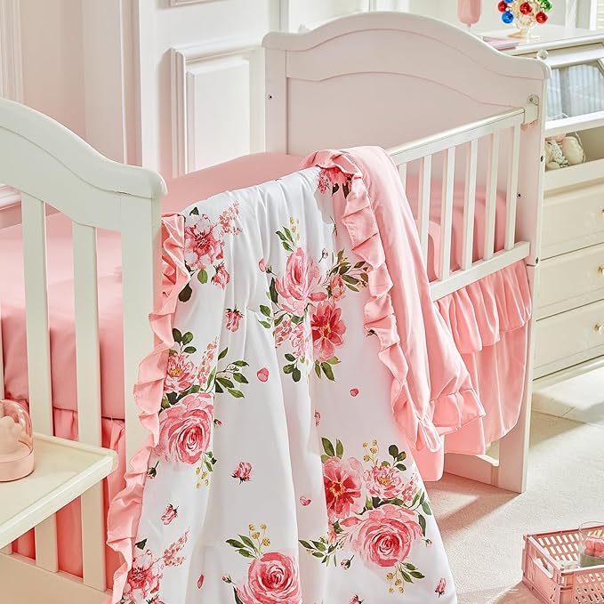 3 Pieces Flowers Mini Crib Bedding Set Baby Ruffled Quilted Comforter with Fitted Sheet and Bed Skirt - Cute Ruffled Shabby Chic Baby Bedding Soft Blanket Floral Design Only for Min Crib