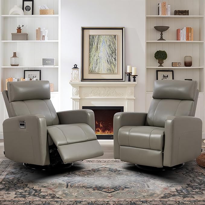 Genuine Leather Power Swivel Recliner Chair, Glider Electric Rocking Chair for Adults. Nursery Rocker Sofa Chair with Adjustable Headrest for Living Room. Wireless Charging/Type-C&USB, Grey