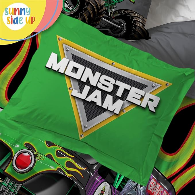 Sunny Side Up Monster Jam Twin Comforter Set - 5 Piece Kids Bedding Includes Comforter, Sheets & Pillow Cover - Super Soft Trucks Microfiber Bed Set