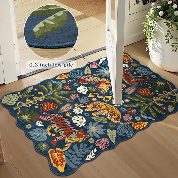 LEEVAN 5x7 Animal Area Rugs Washable Blue Tiger Living Room Rugs Non Slip Scalloped Tiger Bedroom Rug Low Pile Leopard Nursery Floor Carpet Jungle Leaf Print Kids Rug