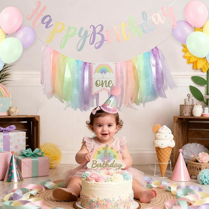 Macaron Pastel Rainbow High Chair Banner for 1st Birthday Decorations First One Birthday Party Girl with Cake Topper
