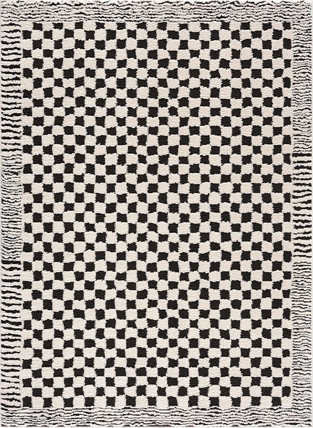 Hauteloom Leryn Contemporary Checkered Area Rug - Modern Geometric Bordered Carpet for Living Room, Bedroom - Checkboard Design - Square Tiles - High Pile - Black and White - 7'10" x 10' (8x10)