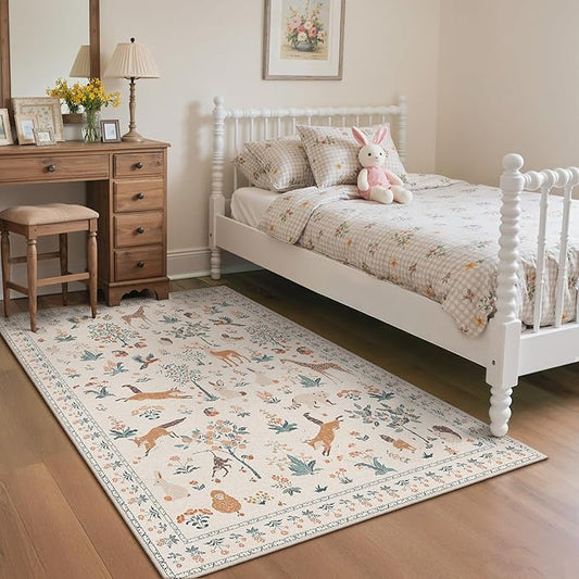 4x6 Rug Washable Area Rug Non Slip,Floral Animal Print Low Pile Small Carpet for Bedroom, Entryway, Living Room,Playroom, Beige