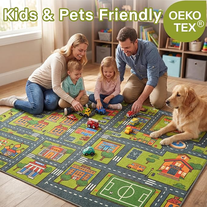Merelax 5x8 Kids Car Area Rug, Grey Green Area Road Rugs for Living Room Playroom Classroom Bedroom, Non Slip Kids Play mat, Washable Rug, Educational City Traffic Map Fun Car Carpet for Ages 3-12