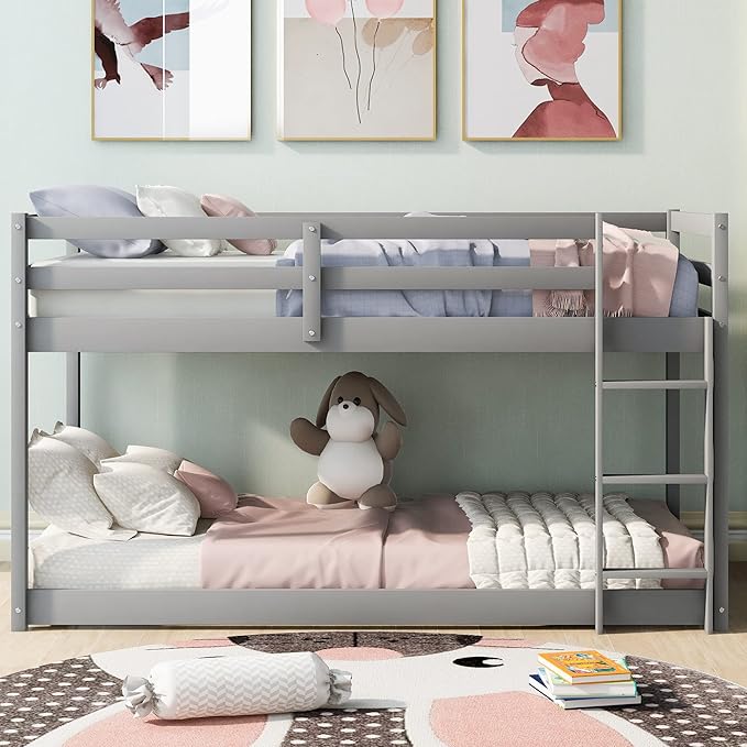 Merax Solid Wood Low Bunk Bed Frame for Kids/Toddlers/Junior, with Built-in Ladder, High Guardrail and Slats, Floor Bed Bottom Bunk, No Box Spring Needed, for Small Spaces, Twin-Over-Twin, Gray