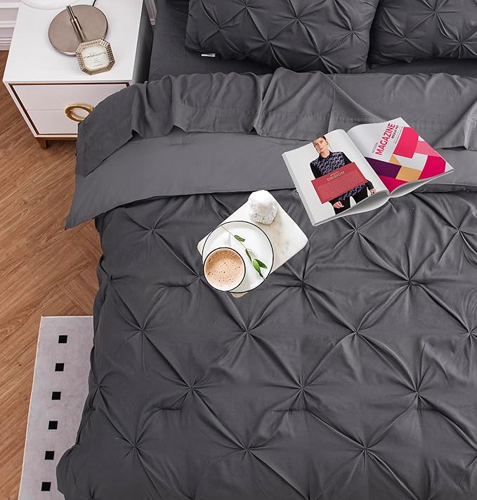 LANE LINEN King Size Comforter Set with Sheets, Pillowcases & Shams, 7 Piece Bed in a Bag Set King Size, Pintuck King Bed Comforter Set, Soft King Bedding Set, Pinch Pleated King Size Bed Set - Grey