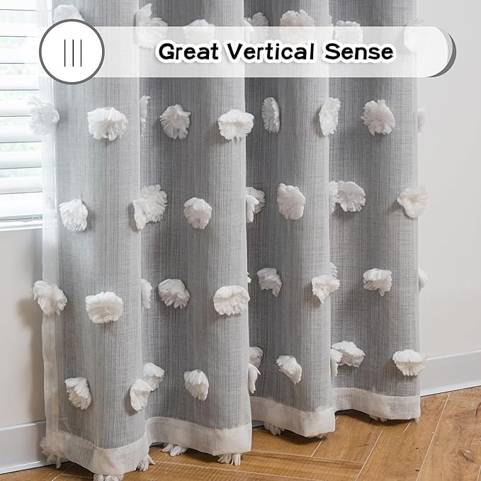 MYSKY HOME Grey Blackout Curtains for Kids Room Boys Bedroom 63 Inch Long Double Layer Curtain with White Pom Pom Sheer for Dining Room Back Tab Room Darkening Window Drapes 2 Panels, 52 x 63 in