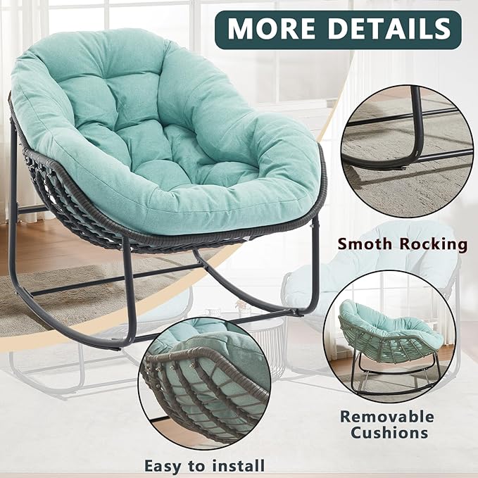 Oversized Outdoor Papasan Rocking Chair with Soft Cushion, Comfy Patio Egg Chair, Wicker Lounge Rocker for Balcony/Porch/Garden, Reinforced All Weather Rattan Frame, 330 lbs Support, Mint Green