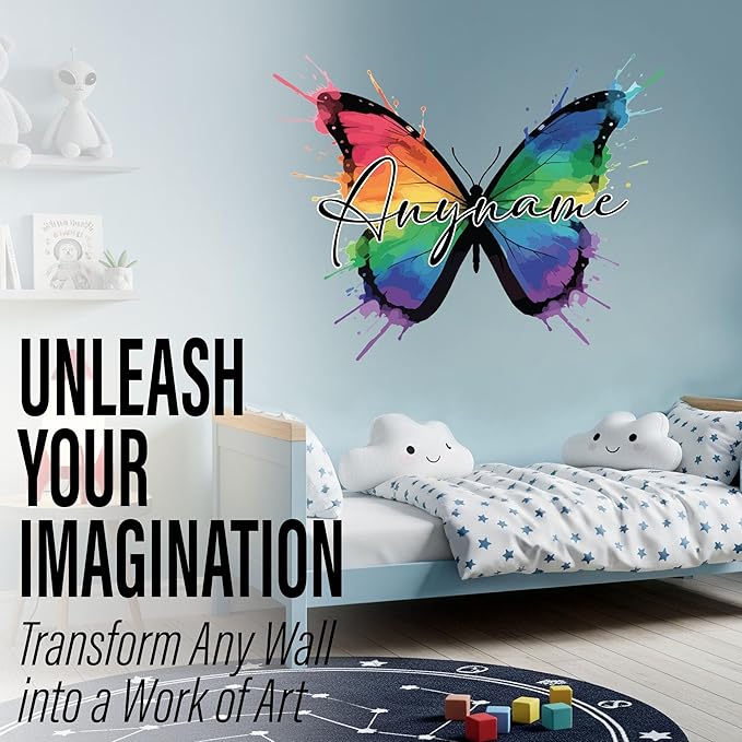 Custom Name Wall Decal Personalized Cute Watercolor Butterfly Name Transparent DTF Vinyl Removable Nursery Wall Decal for Kids Room, Teen Bedroom, Car, Cute Home Decor Gifts for Her Him