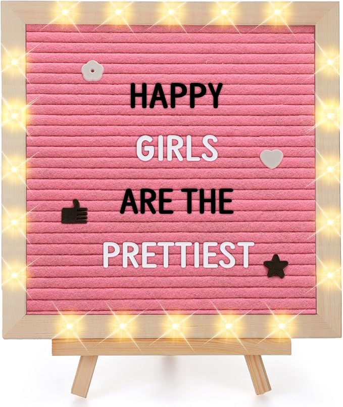 Changeable Felt Letter Board with LED Lights - 10×10" Message Custom Signs & Wood Stand & 450 Letters, Poster Board for Christmas/Pregnancy/Baby Announcement/Baby Shower/Wall Decor Gifts, Pink