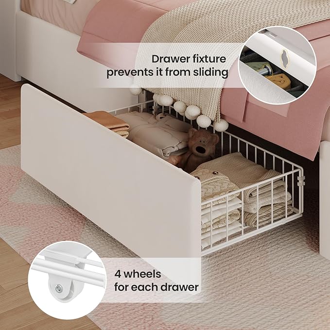 BTHFST Full Bed Frame with Storage Headboard & 4 Drawers, Girl Upholstered Storage Bed with LED Lights & Charging Station, No Box Spring Needed, Easy Assembly, Beige
