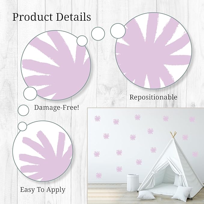 Decalcomania Pastel Purple Stars Wall Decor by Robin Zingone - Set of 18 Danish Pastel Room Decor Flower Wall Decals Removable Peel and Stick Wall Stickers - 4.7" Aesthetic Room Decor