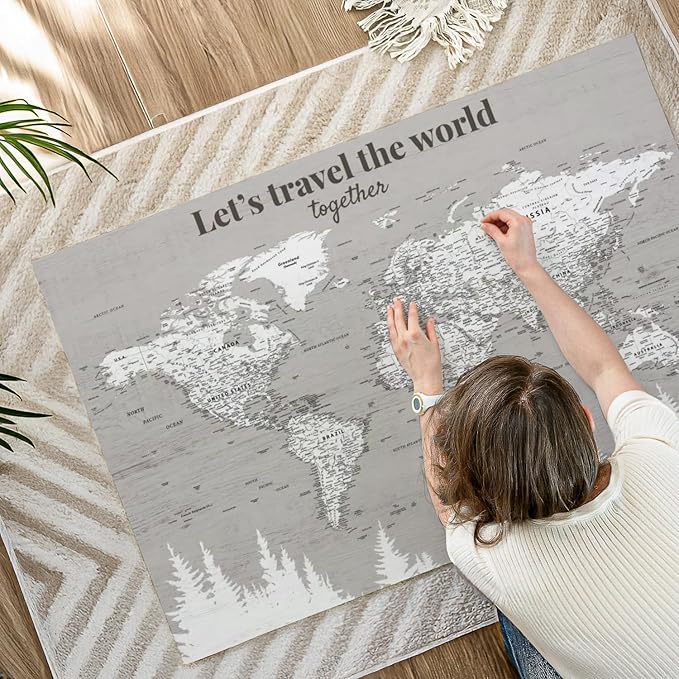 ElephantStock - Let's Travel II Push Pin World Map Wall Art - Horizontal Canvas Wall Art - Living Room Wall Decor - Digital Art Map Canvas Art - Gray And White Decor - 48" x 32"