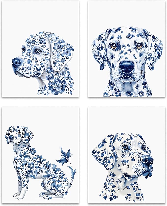 OFJE Chinoiserie Dalmatian Dog Wall Art Decor Prints Set of 4, Blue and White Grandmillenial Dog Wall Art Posters Decor for Home Bedroom Living Room, 8x10 Unframed
