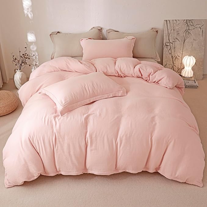 MorroMorn Muslin Duvet Cover King Size, Ultra Soft 100% Cotton Comforter Cover Set, 3 Pieces 2-Layer Gauze Duvet Cover with 2 Pillowcases, Breathable Lightweight Linen Like, 90"x104", Pink