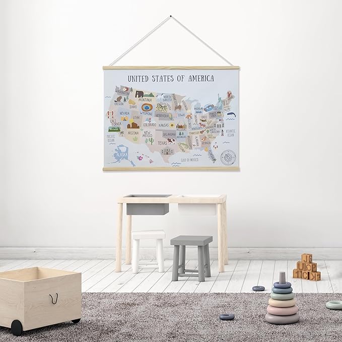 Bon et Beau 32 x 24 Inch Embroidered USA Map Poster for Kids with Wood Hanger – Neutral Wall Décor for Boys and Girls Nursery, Bedroom and Playroom