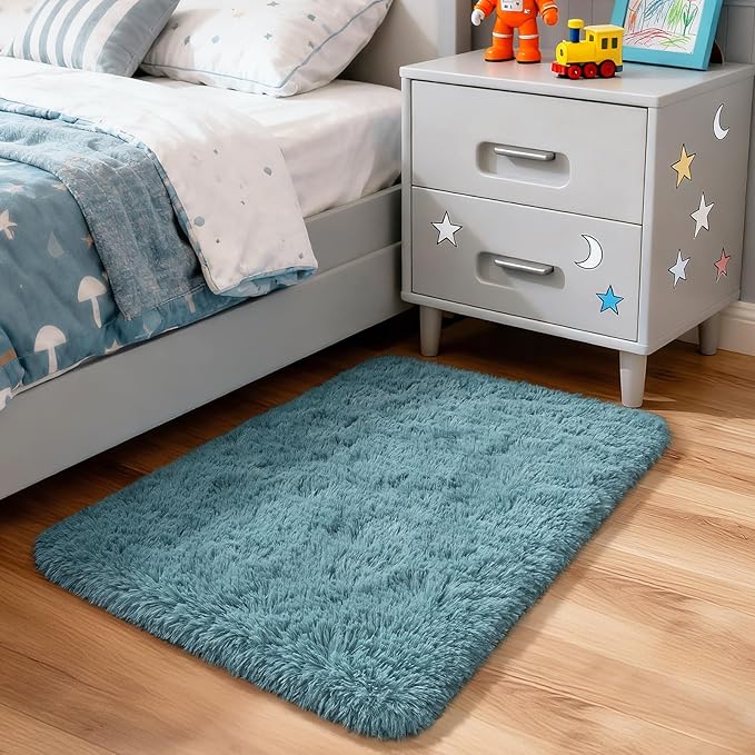 Merelax Modern Soft Fluffy Small Shaggy Rug for Bedroom Livingroom Dorm Kids Room Indoor Home Decorative, Non-Slip Plush Furry Fur Area Rugs Comfy Nursery Accent Floor Carpet 2x3 Feet, Turquoise Green