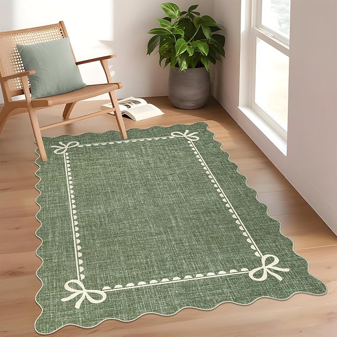 GarveeHome Scalloped Bow Rug for Living Room, Solid Green Rug for Dorm, Washable Rugs 3x5 Soft Low Pile Non Slip Scalloped Rugs for Nursery College Bedroom Decor Kids Room Playroom