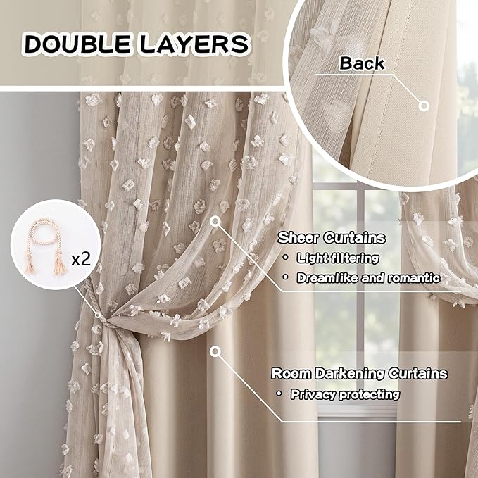 MYSKY HOME Double Layer Curtains for Girls Bedroom Kids Curtain Beige Pom Pom Sheer Window Curtains 2 Panels Beige Curtains Grommet Room Darkening Solid Nursery Curtains 63 Inches Length, W52 X L63