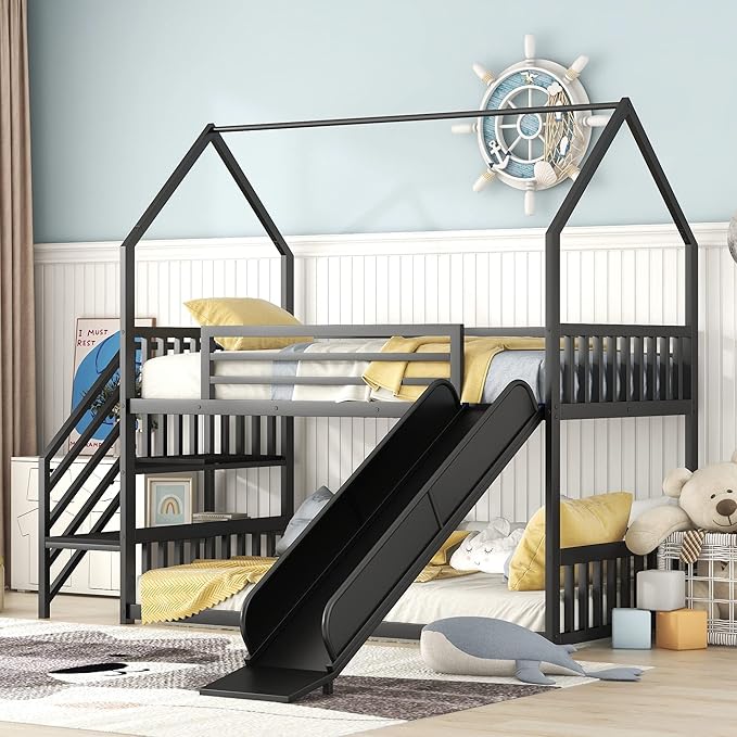 MERITLINE Metal Bunk Bed Twin Over Twin Bunk Bed Frame with Slide and Stairway,Twin Over House Bed with Guardrails