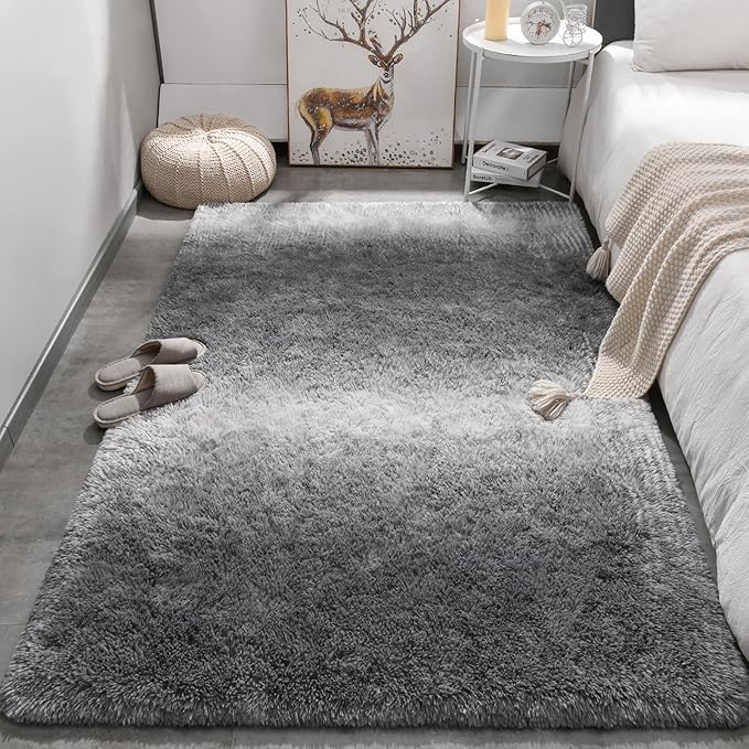 Meralax Gradient 5x8 Grey Rugs for Living Room Bedroom, Machine Washable Soft Fluffy Shaggy Gray Bedside Rug, Indoor Floor Carpet for Kids Girls and Boys, Dorms, Nursery Rooms, Home Decor Aesthetic