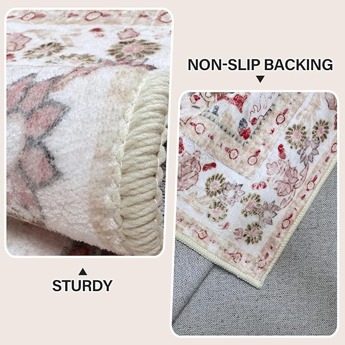 Vhong Pink Area Rugs Washable Boho Vintage Modern Neutral Large Carpet 6×9 High Traffic Rugs for Dinning Room Living Room Bedroom Girls' Room Nursery Room Non Slip