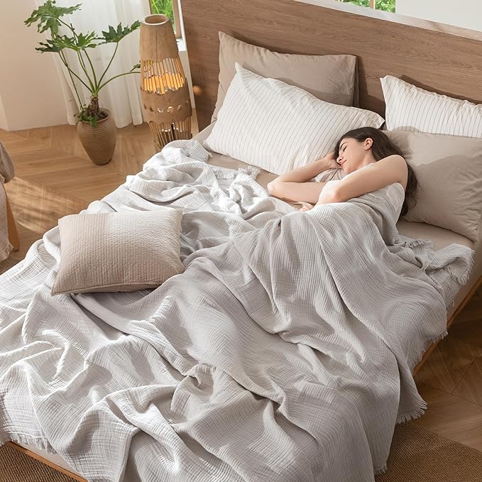 MooMee Muslin Blanket - 100% Cotton 4-Layer Gauze Throw Blanket with All-Around Fringe, Ultra-Soft Breathable Lightweight Cooling Decorative for Bed, Sofa & Couch (Light Grey,Twin XL 66" x 90")