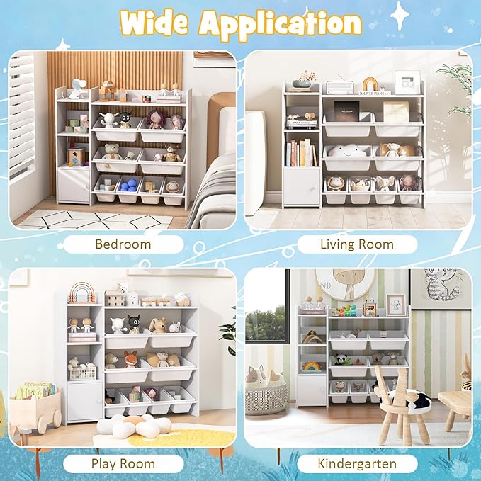 Costzon Kids Toy Storage Organizer, 4-Tier Bookshelf Storage Cabinet w/8 Removable Bins, Preschool Children's Montessori Bookshelf w/Large Cabinet for Playroom, Daycare, Kids Room, Classroom