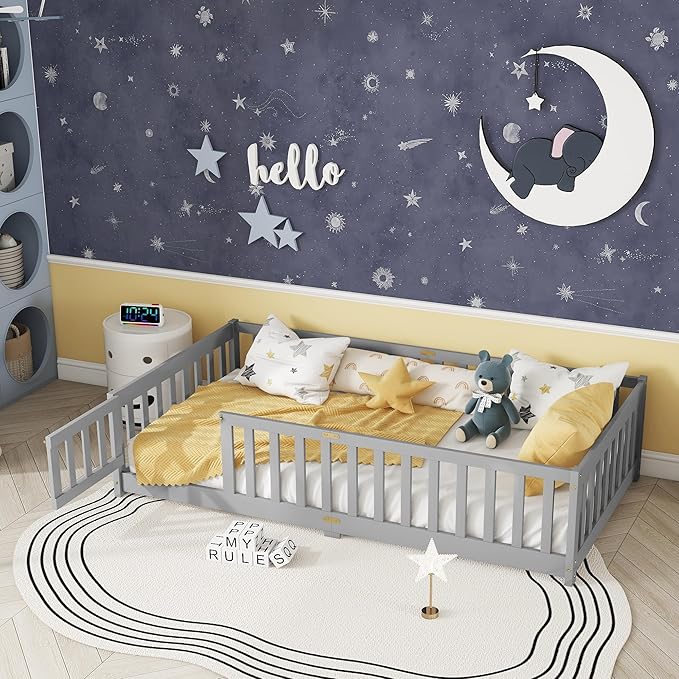 Twin Size Floor Bed for Kids, Wood Montessori Floor Beds with Fence Railings, Door & Slats Support, Twin Playhouse Bed Frame for Boys Girls, No Box Spring Needed, Gray