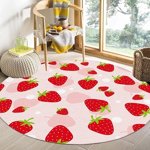 6Ft Strawberry Round Rug Kwaii Pink Circle Rugs for Bedroom Dorm Living Room Cute Area Rug Floor Mat Pad Doormat Carpet, 6'X6'(180x180cm)