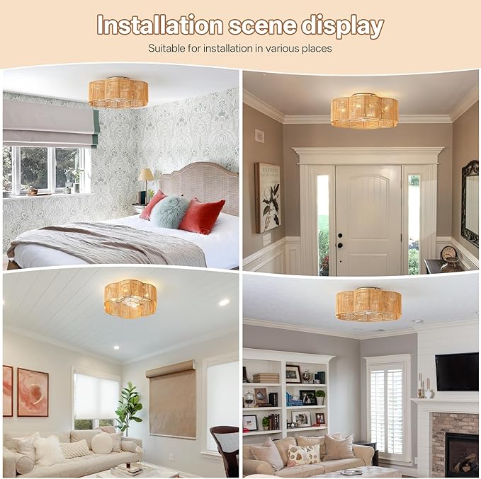 Caged Ceiling Fan with Lights, Flush Mount 20" Boho Ceiling Fans with Lights Remote Control, Low Profile Bladeless Rattan with 6 Speeds for Bedroom, Nursery, Kitchen